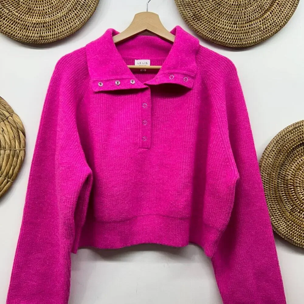 Buckle Le Lis Hot Pink Quarter Snap Ribbed Crop Cropped Knit Sweater Medium - Picture 3 of 6
